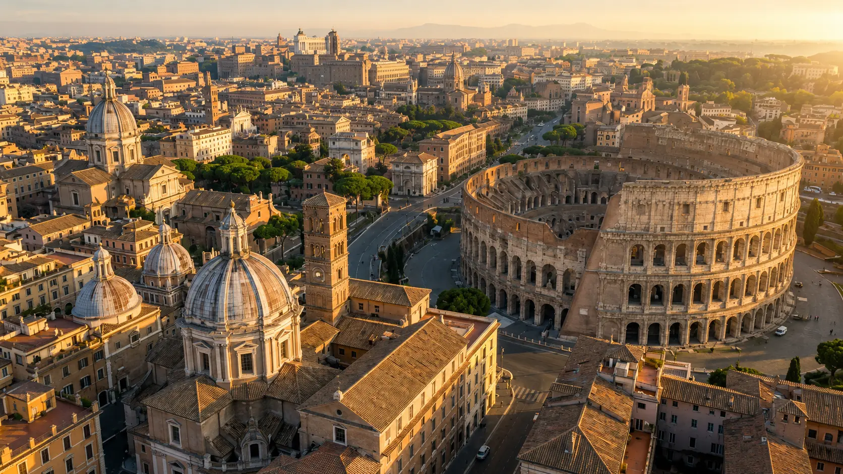 Rome's Colosseum and city rooftops in the evening light