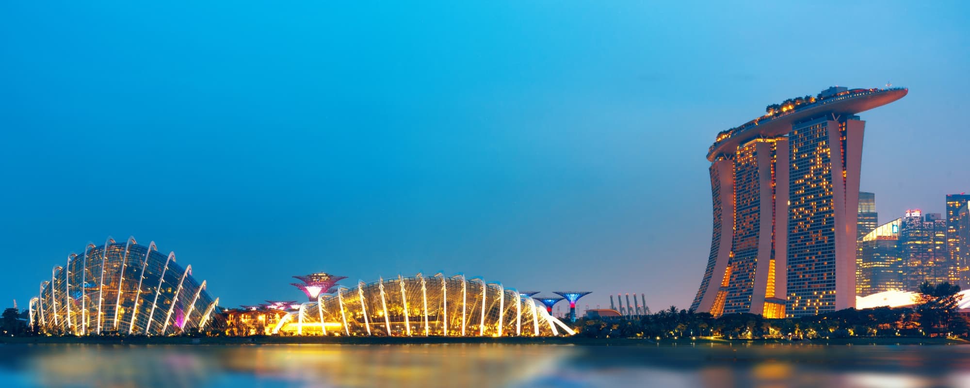 Marina Bay Sands and Gardens by the Bay at twilight in Singapore